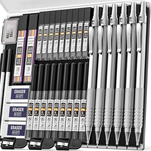 Nicpro 35PCS Metal Mechanical Pencils Set, Art Drafting Pencil with Graphite Lead Refills & Case