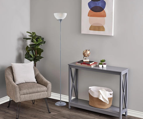 Generic 71 Inch, 3-Way 150W, Floor Lamp, Silver Finish, Plastic, White Shade, Switch, for Living Room, Bedroom, or Home