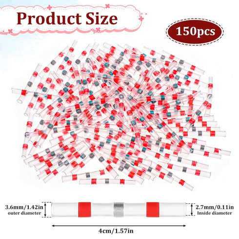 150 Pcs Solder Seal Wire Connectors, Solder Butt Connectors Heat Shrink, Red 22-18 AWG Wire Splice Connectors, for Marine Automotive Boat Wire Join