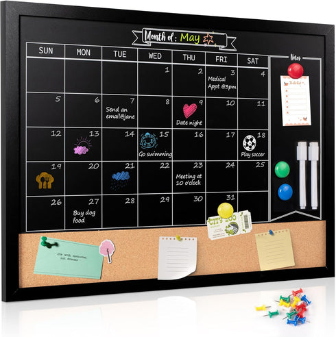 Board2by Monthly Chalkboard Calendar & Cork Board Combo, 18" x 24" Magnetic Board with Hanging Wood Frame