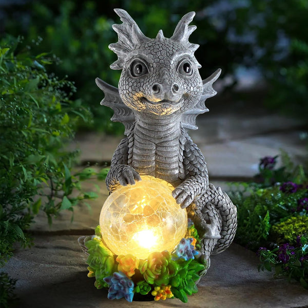 Solar Garden Outdoor Statues Dragon Holding Magic Orb with Solar LED Lights