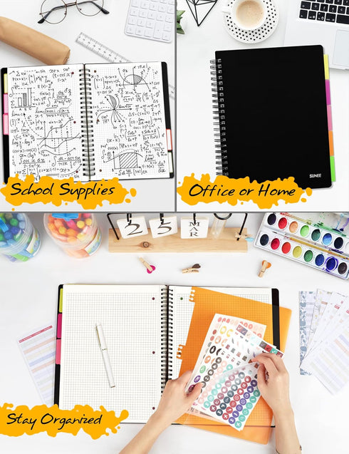 SUNEE Graph Paper Notebook, 300 Pages, 5 Subject, 8.2"x10.8", 5 x 5mm Grid, 5 Pocket Colored Dividers, 3-Hole Punched
