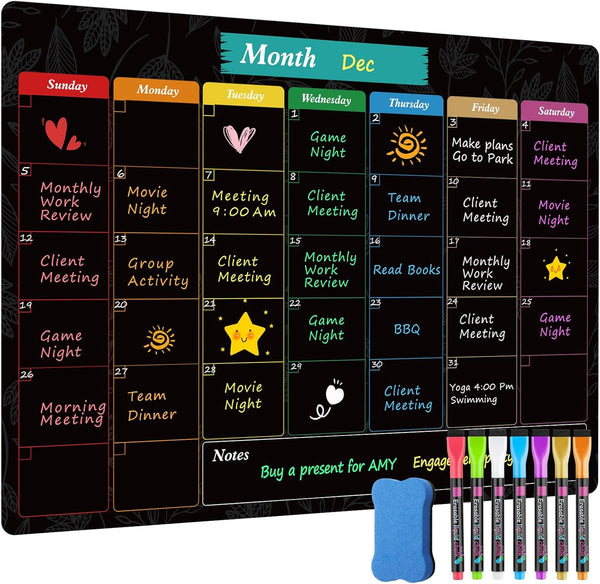 MaxGear Monthly Black Magnetic Calendar for Refrigerator, 16" X 12" Dry Erase Calendar with Markers and Eraser