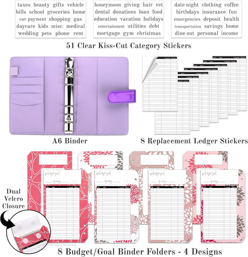 Budget Binder Kit | 8 Premium Cardstock Binder Envelopes w/Clear Window & Velcro-Seal, Backside Ledger, 51 Category Stickers, & 8 Ledger Replacement Stickers (Purple Iridescent - Dahlia)