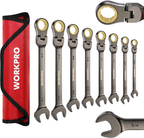 WORKPRO 8-piece Flex-Head Ratcheting Combination Wrench Set, SAE 5/16-3/4 in, 72-Teeth, CR-V