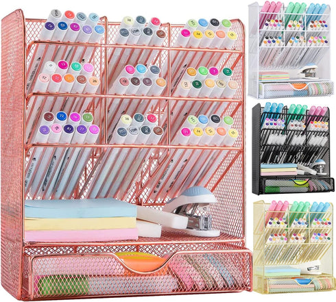 Spacrea Pen Holder Desk Organizer - Pencil Holder with 10 Compartments and 1 Drawer, Rose Gold