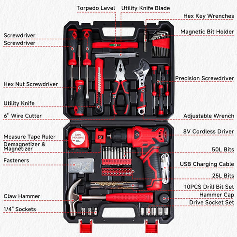 Set 8V Set, 132 Set Tool - Cordless Drill Piece Home Tool With Hand Drill, Tool Kit for Women & Men, Perfect