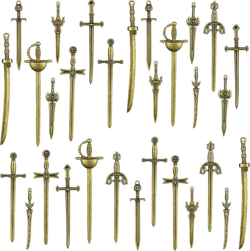 Hicarer 30 Pieces Antique Swords Knife Bookmarks, Sword Charms Pendants for Book Lovers, DIY Crafting (Anti Brass)