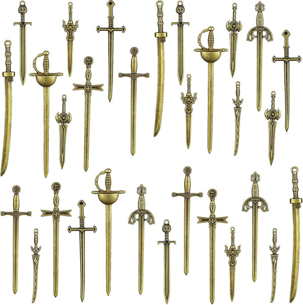 Hicarer 30 Pieces Antique Swords Knife Bookmarks, Sword Charms Pendants for Book Lovers, DIY Crafting (Anti Brass)