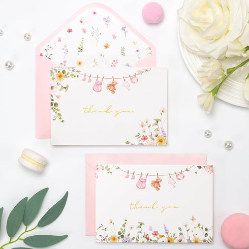 50 Pack Crisky Baby Shower Thank You Cards with Envelopes & Stickers, Pink Gold Baby Thank You Greeting Cards Bulk