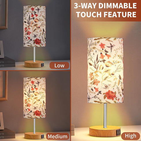 2 3-Way Dimmable Bulb Bedside Touch Lamp, Wood Small Table lamp with USB Charging Ports & Flower Fabric Shade