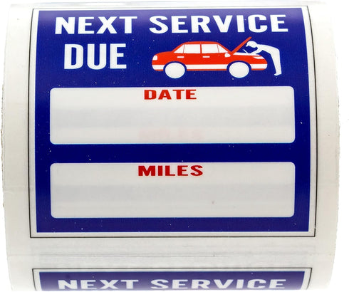 Oil Change Service Reminder Stickers, 100 Blue Red White Removable Labels, 2" x 2" Square