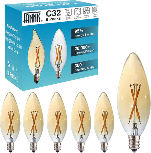 6 Pack E12 Bulb 20 2W B10 C32 Bulbs, 2200K Bulbs Candelabra LED Watt Equivalent, LED Filament Candle Light Type B Amber