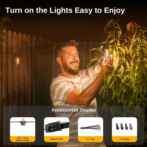 48FT, 15 Bulbs Warmlight East Oak Outdoor String Lights LED Patio String Lights Waterproof with Shatterproof Vintage