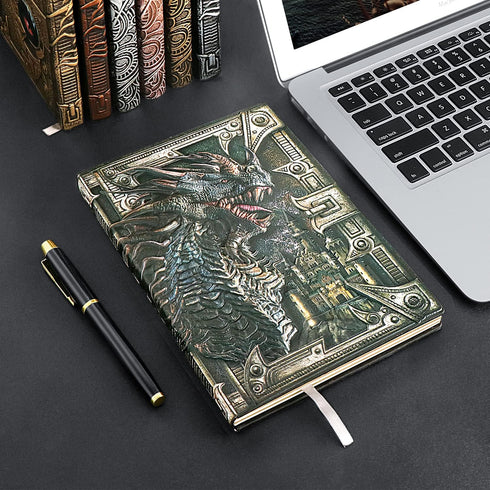 DND Dragon Notebook - 3D Embossed Leather Journal with Black Ballpoint Pen & Sleeve, A5 Vintage Travel Diary