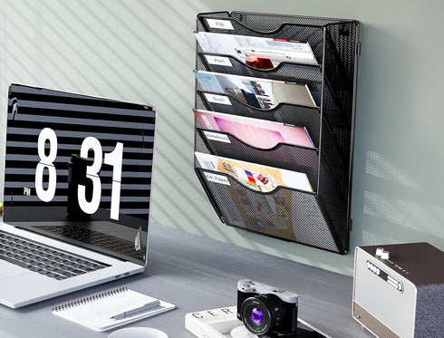 PAG 5 Tier Hanging Wall File Holder, Mesh Office Organizer for Papers/Folders/Files, Black