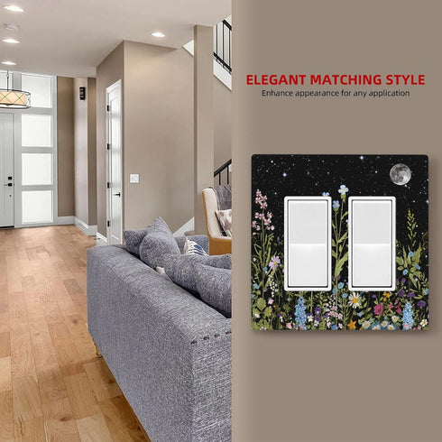 Boho Wild Flowers Herbs Floral Light Switch Cover Plate, Vintage Black Starry Sky Moon Wall Plate