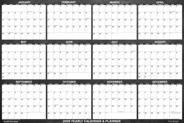 SwiftGlimpse 2026 Wall Calendar, Large 24" x 36" Designer Series, Yearly Erasable Wall Planner (Chalkboard)