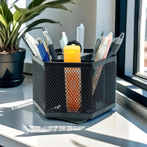 SETTFRFE Hexagon 360° Rotating Pen Organizer for Desk, 6 Compartments Mesh Pen Caddy, Black