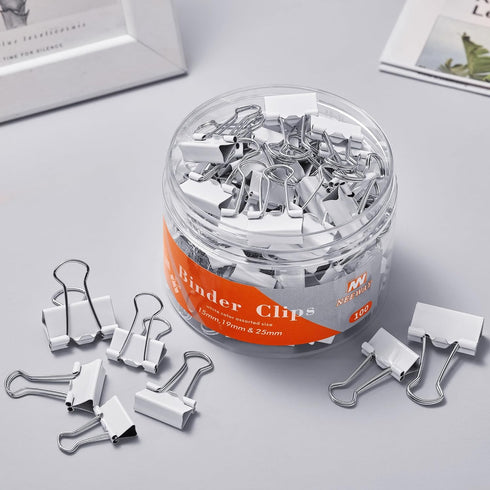 Binder Clips Set, Assorted Sizes, White for Office and Home Use - Pack of 100