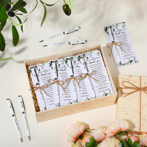 Affrolling 100 Sets Wedding Favors for Guests Bulk Retractable Ballpoint Pen Thank You Cards with Hemp Rope Bridal