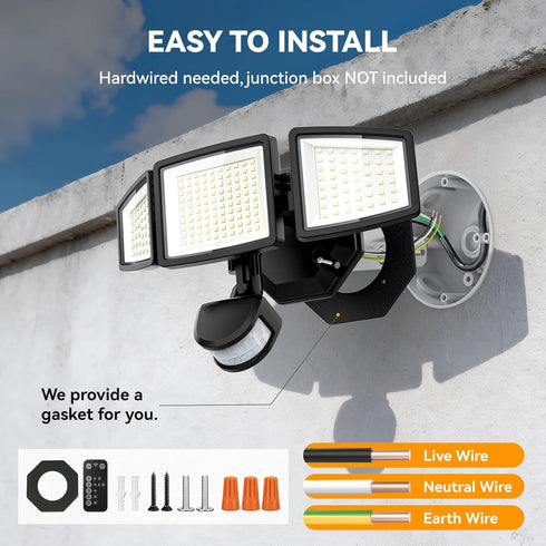 7000LM, 6500K, 3 LED Security Lights Motion Sensor Light Outdoor, Waterproof, Flood Light Outdoor Motion Detector