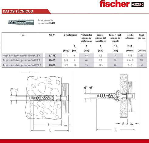 fischer Universal Plug UX 6x35 R (with Rim) 100pcs for Solid, Hollow, and Board Building Materials