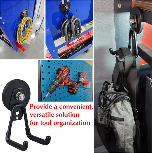 MUTUACTOR 2PCS Heavy Duty Magnetic Hooks, Double Hook Storage for Garage, Strong Metal Hooks for Cabinets, Drill