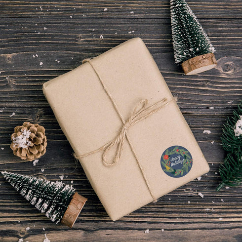Happy Holidays Stickers, Navy Floral / 1000 Blue Wreath Christmas Labels Roll / 1.5" Round Envelope Seals, Made in USA