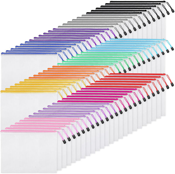 EOOUT 72pcs Mesh Zipper Pouch, A4 Size, 12 Colors Zipper Bags for