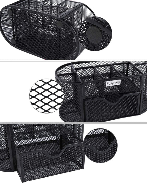EasyPAG Desk Organizer, Mesh Desktop Caddy with 8 Compartments and 1 Drawer for Office Supplies (Black)