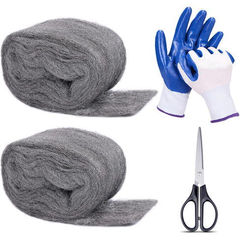 2Pack Steel Wool for Mice Control, 3.2"x10.5 ft Wool, Gap Filler for Home & Garage, DIY Bundle with Gloves & Scissors