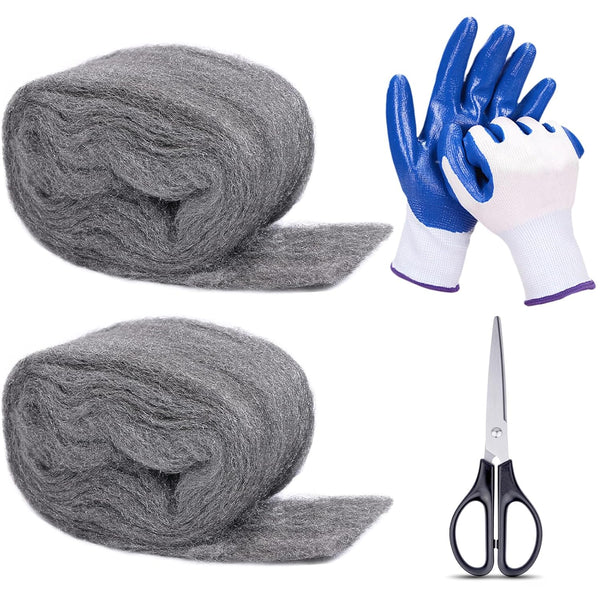 2Pack Steel Wool for Mice Control, 3.2"x10.5 ft Wool, Gap Filler for Home & Garage, DIY Bundle with Gloves & Scissors