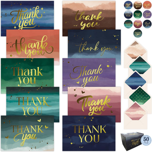 Decorably 50 Pack Gold-Foiled 6x4in Watercolor Blank Thank You Cards with Envelopes