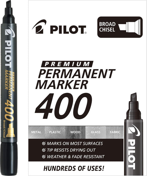PILOT Premium 400 Permanent Markers, Broad Point Chisel Tip, Black Ink, Box of 12