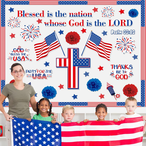 Pajean 67 Pcs God Bless American Bulletin Board Set, Patriotic Christian Classroom Decoration with American Flag Cross