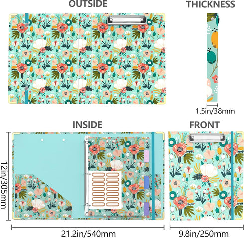 Cute Round Ring 3 Ring Binder 1 Inch, Green Floral with 6 Tab Dividers, Labels Stickers, Low Profile Clipboard with