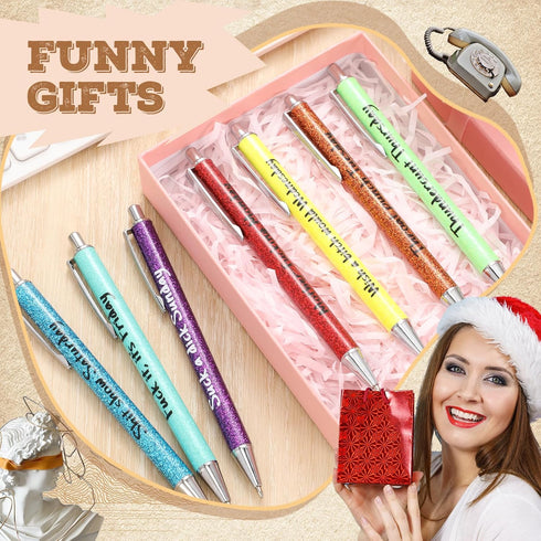 Sherr 7 Pcs Christmas Weekday Pens, Glitter Funny Ballpoint Pens with 10 Black Ink Refills, Rainbow Week Gifts