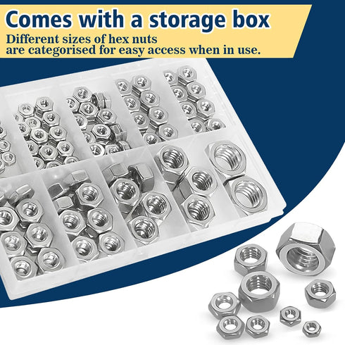 150pcs Kit,4#40 6#32 8#32 10#24 10#32 12#24 1/4-20 5/16-18 3/8-16 1/2-13 Sets,304 SAE Hex Nuts Assortment Hardware Nuts