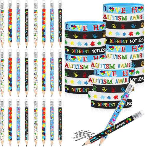 Whaline 24 Pack Autism Awareness Pencils and Bracelets Sets, Inspirational Silicone Wristbands, Colorful Half Pencils