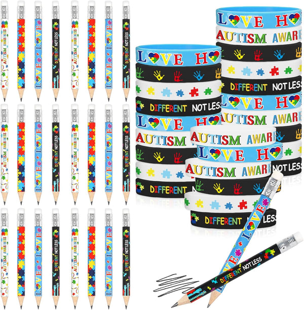 Whaline 24 Pack Autism Awareness Pencils and Bracelets Sets, Inspirational Silicone Wristbands, Colorful Half Pencils