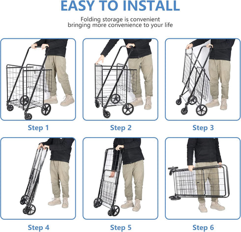 Compact Folding Grocery Cart with Dual Baskets - Black