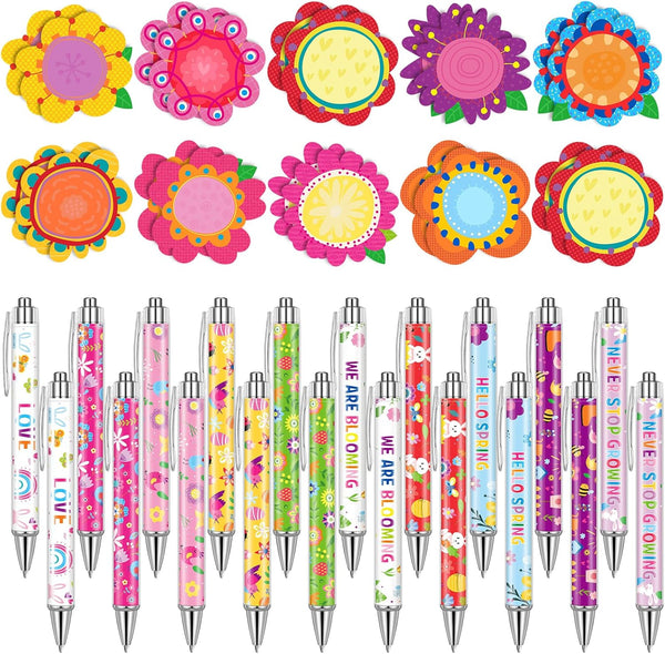 Geyee Flower Theme Sticky Notes and Pens Set, Floral Memo Pads with Colorful Flower Ballpoint Pens for School Gifts