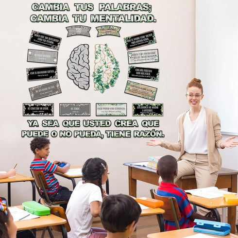 gisgfim 34 Pcs Spanish Bulletin Board Eucalyptus Classroom Growth Mindset Posters for Teacher Students