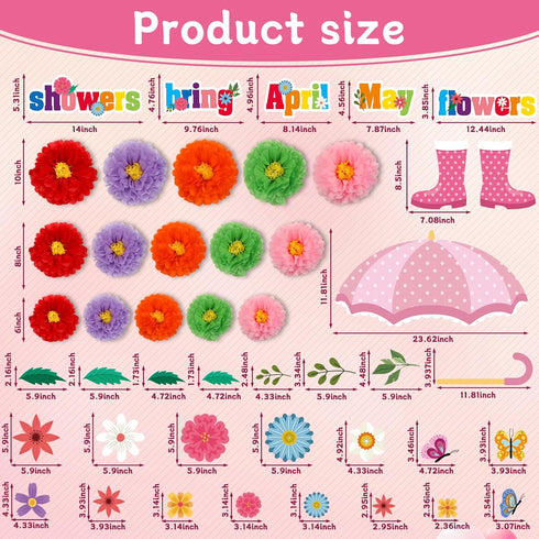 ojustbeok April Showers Bring May Flowers Bulletin Board Decorations Spring Cutouts with 3D Tissue Paper Pompoms Spring Bulletin Board Spring Flower Classroom Decor for School Home Party Supplies