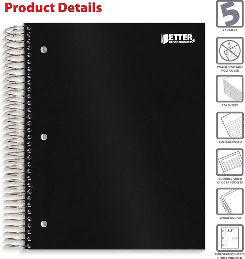 Better Office Products 5 Subject Spiral Notebook – Black Poly Cover, College Rule, 200 Sheets, 11 x 8.5 inches