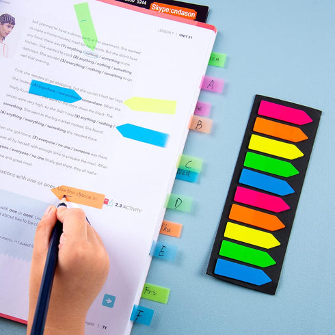 Fluorescent Translucent Sticky Note Flags, 1200 Pcs Total, 10 Color Tabs, Arrow Index Tabs, Page Flag Markers