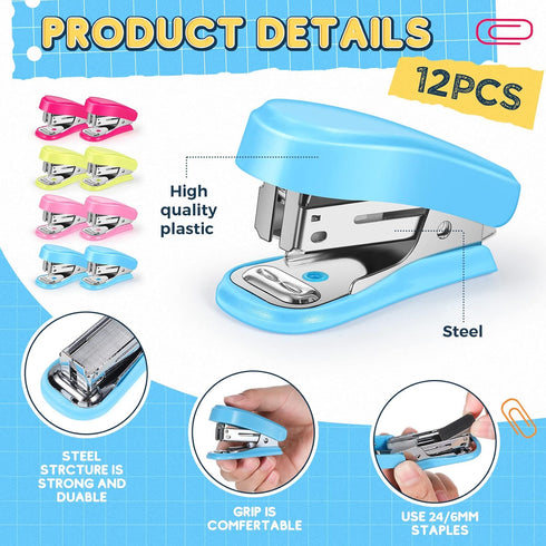 Ctosree 12 Pieces Mini Stapler Bulk with 12 Boxes Staples, includes Built in Staple Remover, Desk Little Stapler for School Office Supplies (Blue, Green, Pink, Rose) by Ctosree