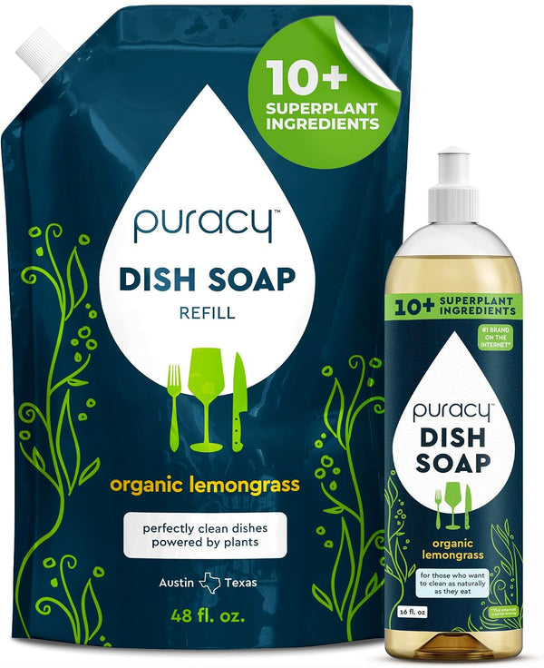Puracy Natural Dish Soap Refill - Skin-Softening Plant-Based Liquid Dishwashing Detergent Soap,