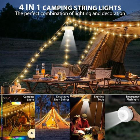 4 1 32.8FT 9 Camping String Lights, in Quick Storage Rechargeable Tent Lights with Lighting Modes, Hanging Waterproof